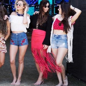 H&M Coachella Collection fringed red maxi skirt